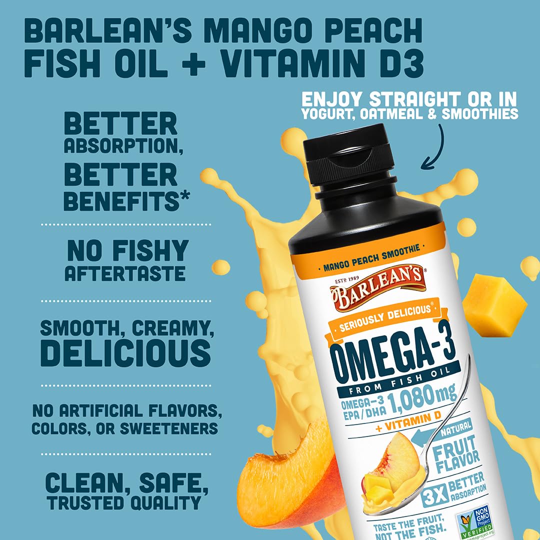 Barlean's Omega 3 Fish Oil Liquid Supplement with Vitamin D for Men and Women, 1080mg of EPA and DHA Fatty Acid, Promotes Brain & Heart Health - Non-GMO, Mango Peach, 16 oz - dailyvitalstore