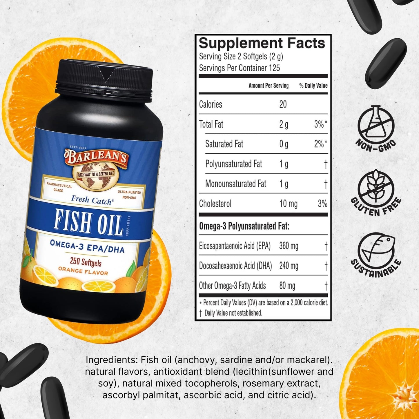 Barlean's Omega 3 Fish Oil Supplements, 600mg Fish Oil Pills with EPA & DHA, Softgels for Joint, Brain, & Heart Health, Orange Flavored, 250 Count - dailyvitalstore