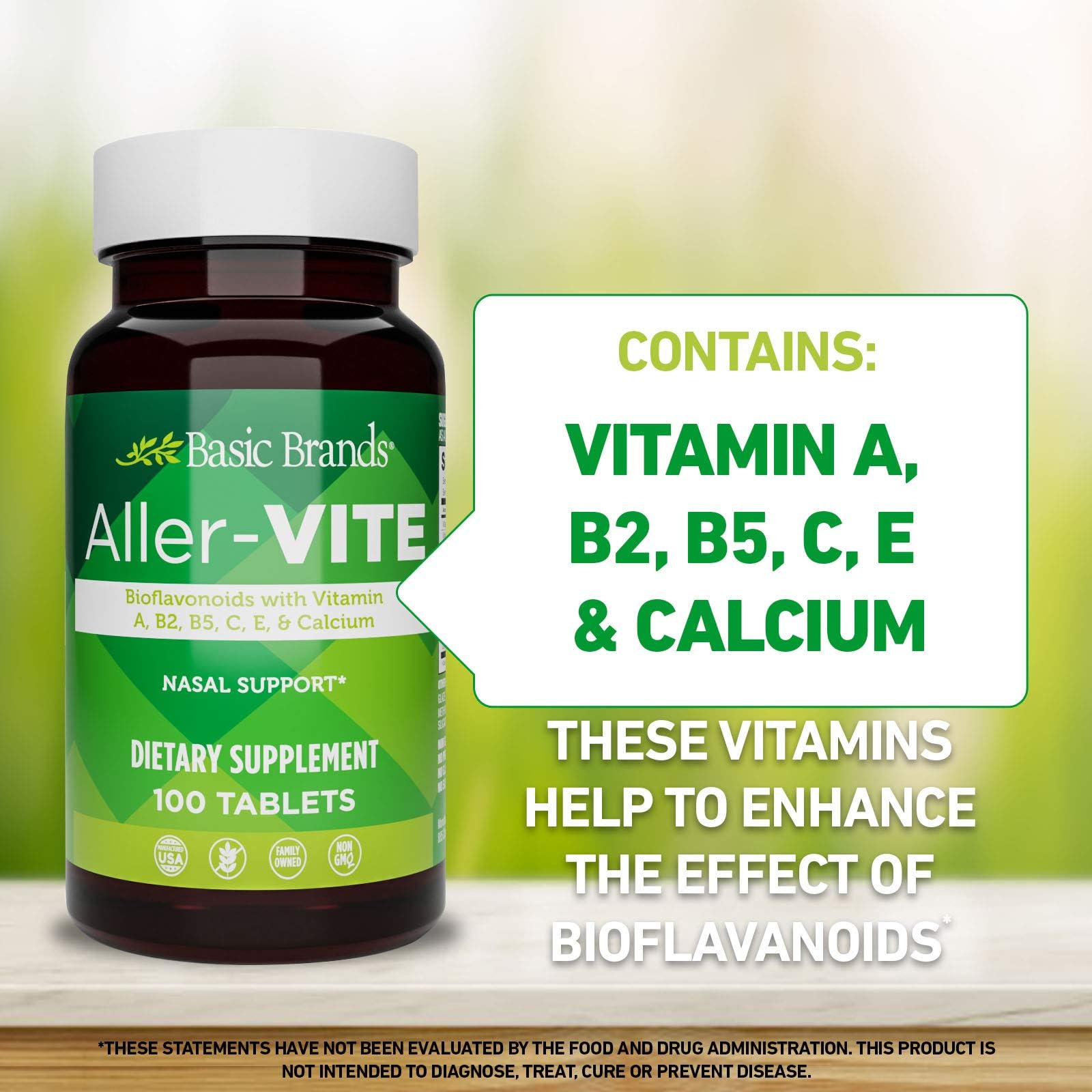 Basic Brands Aller Vite Nasal Support Tablets for Seasonal Allergy Relief, High Bioflavonoid Complex with Vitamins and Calcium, Gluten Free Daily Supplement, 100 Tablets - dailyvitalstore