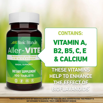 Basic Brands Aller Vite Nasal Support Tablets for Seasonal Allergy Relief, High Bioflavonoid Complex with Vitamins and Calcium, Gluten Free Daily Supplement, 100 Tablets - dailyvitalstore
