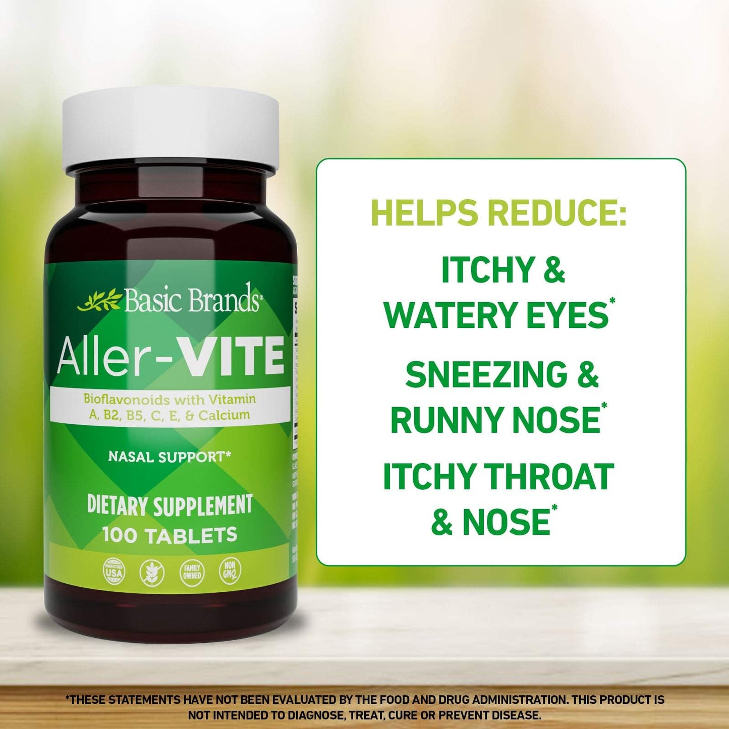 Basic Brands Aller Vite Nasal Support Tablets for Seasonal Allergy Relief, High Bioflavonoid Complex with Vitamins and Calcium, Gluten Free Daily Supplement, 100 Tablets - dailyvitalstore
