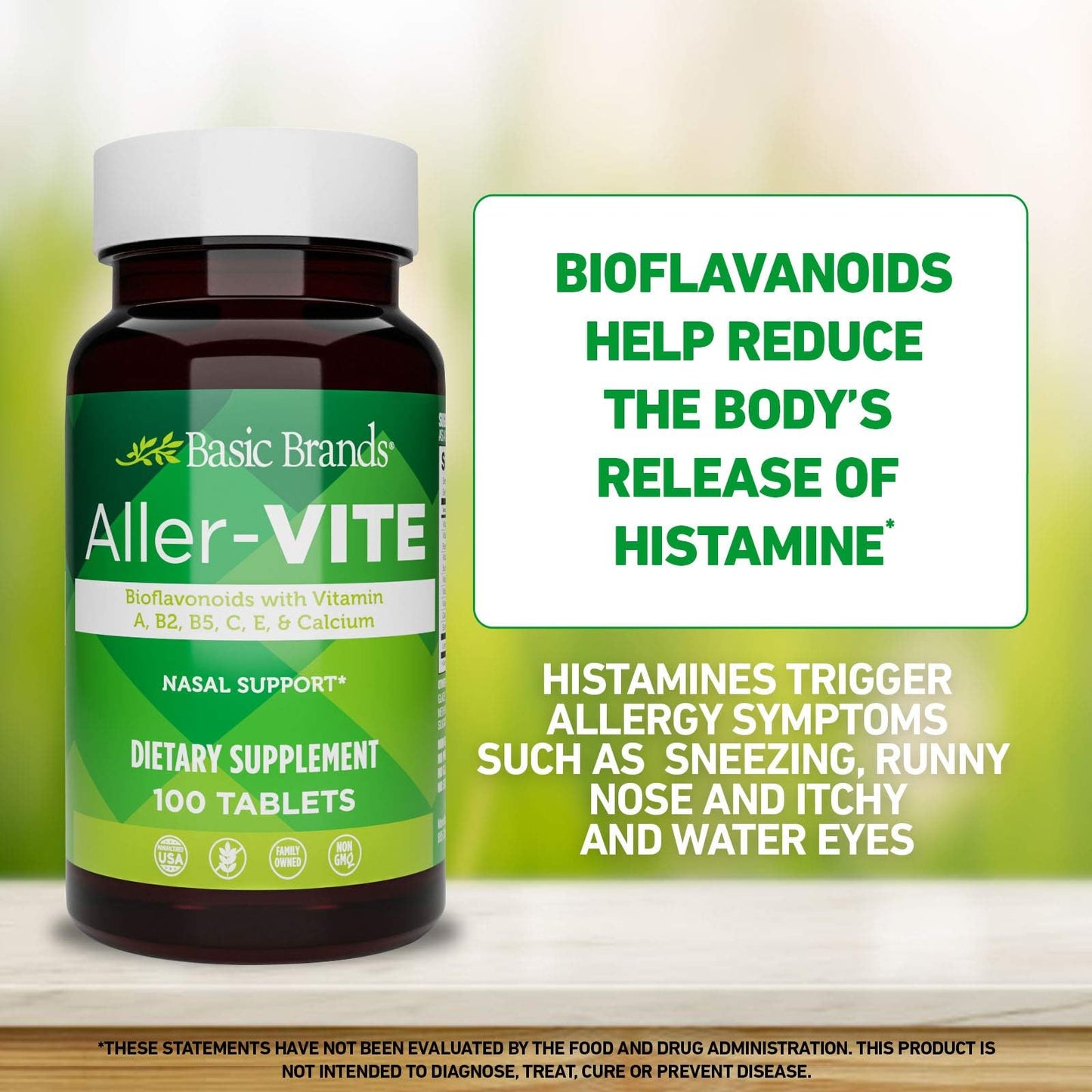 Basic Brands Aller Vite Nasal Support Tablets for Seasonal Allergy Relief, High Bioflavonoid Complex with Vitamins and Calcium, Gluten Free Daily Supplement, 100 Tablets - dailyvitalstore