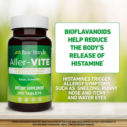 Basic Brands Aller Vite Nasal Support Tablets for Seasonal Allergy Relief, High Bioflavonoid Complex with Vitamins and Calcium, Gluten Free Daily Supplement, 100 Tablets - dailyvitalstore