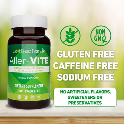 Basic Brands Aller Vite Nasal Support Tablets for Seasonal Allergy Relief, High Bioflavonoid Complex with Vitamins and Calcium, Gluten Free Daily Supplement, 100 Tablets - dailyvitalstore