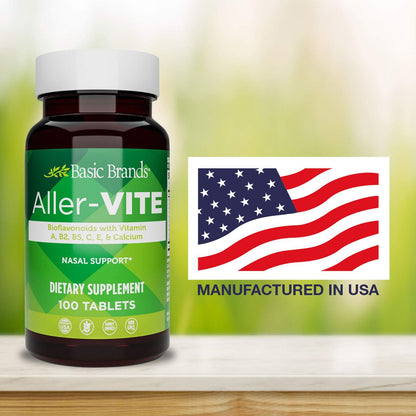 Basic Brands Aller Vite Nasal Support Tablets for Seasonal Allergy Relief, High Bioflavonoid Complex with Vitamins and Calcium, Gluten Free Daily Supplement, 100 Tablets - dailyvitalstore