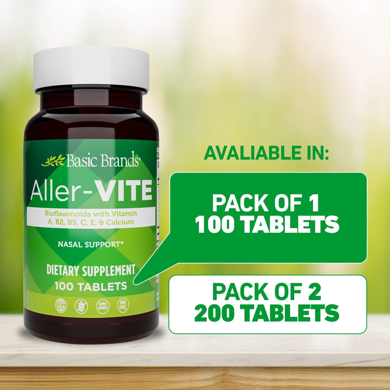 Basic Brands Aller Vite Nasal Support Tablets for Seasonal Allergy Relief, High Bioflavonoid Complex with Vitamins and Calcium, Gluten Free Daily Supplement, 100 Tablets - dailyvitalstore