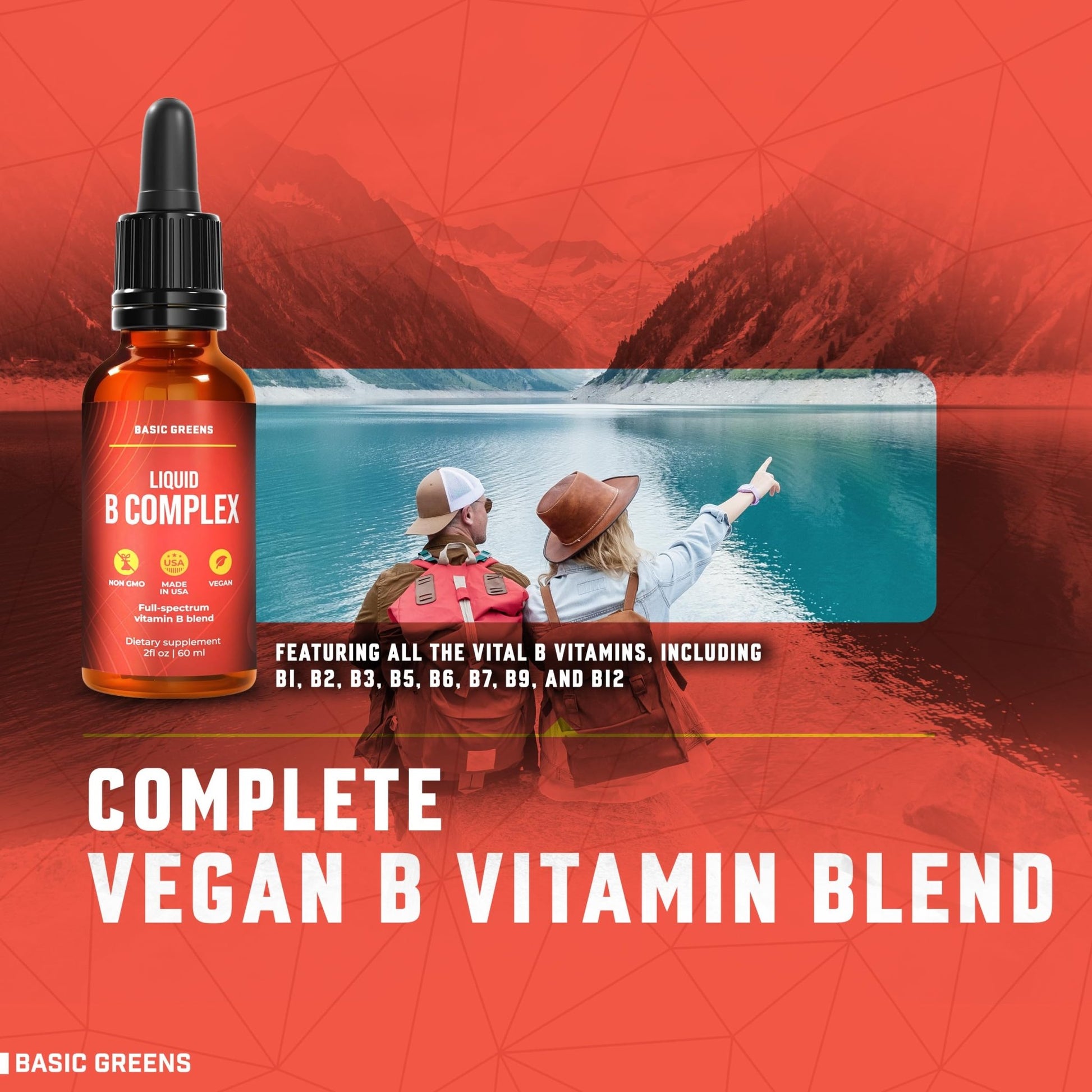 BASIC GREENS Vitamin B Complex Liquid Drops - Strength Sublingual Formula, Maximizes Absorption & Boosts Energy - B1, B2, B3, B5, B6, B7, B9, B12 - Natural Vegan Supplement - dailyvitalstore