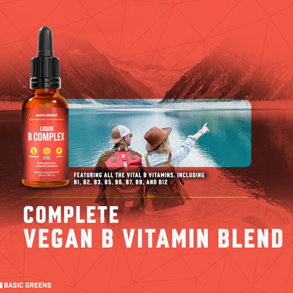 BASIC GREENS Vitamin B Complex Liquid Drops - Strength Sublingual Formula, Maximizes Absorption & Boosts Energy - B1, B2, B3, B5, B6, B7, B9, B12 - Natural Vegan Supplement - dailyvitalstore