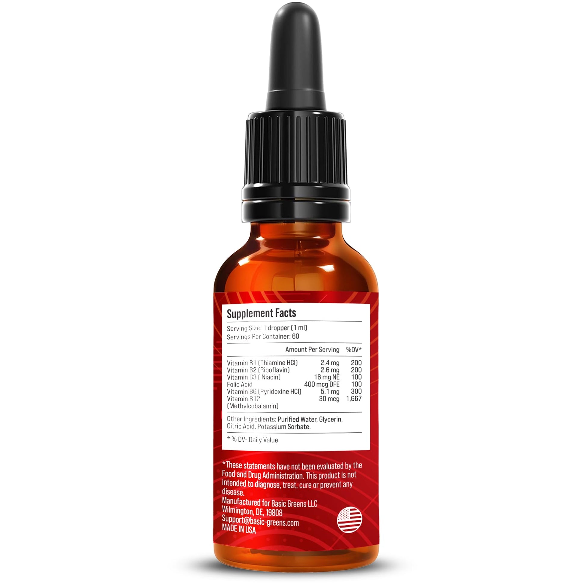 BASIC GREENS Vitamin B Complex Liquid Drops - Strength Sublingual Formula, Maximizes Absorption & Boosts Energy - B1, B2, B3, B5, B6, B7, B9, B12 - Natural Vegan Supplement - dailyvitalstore