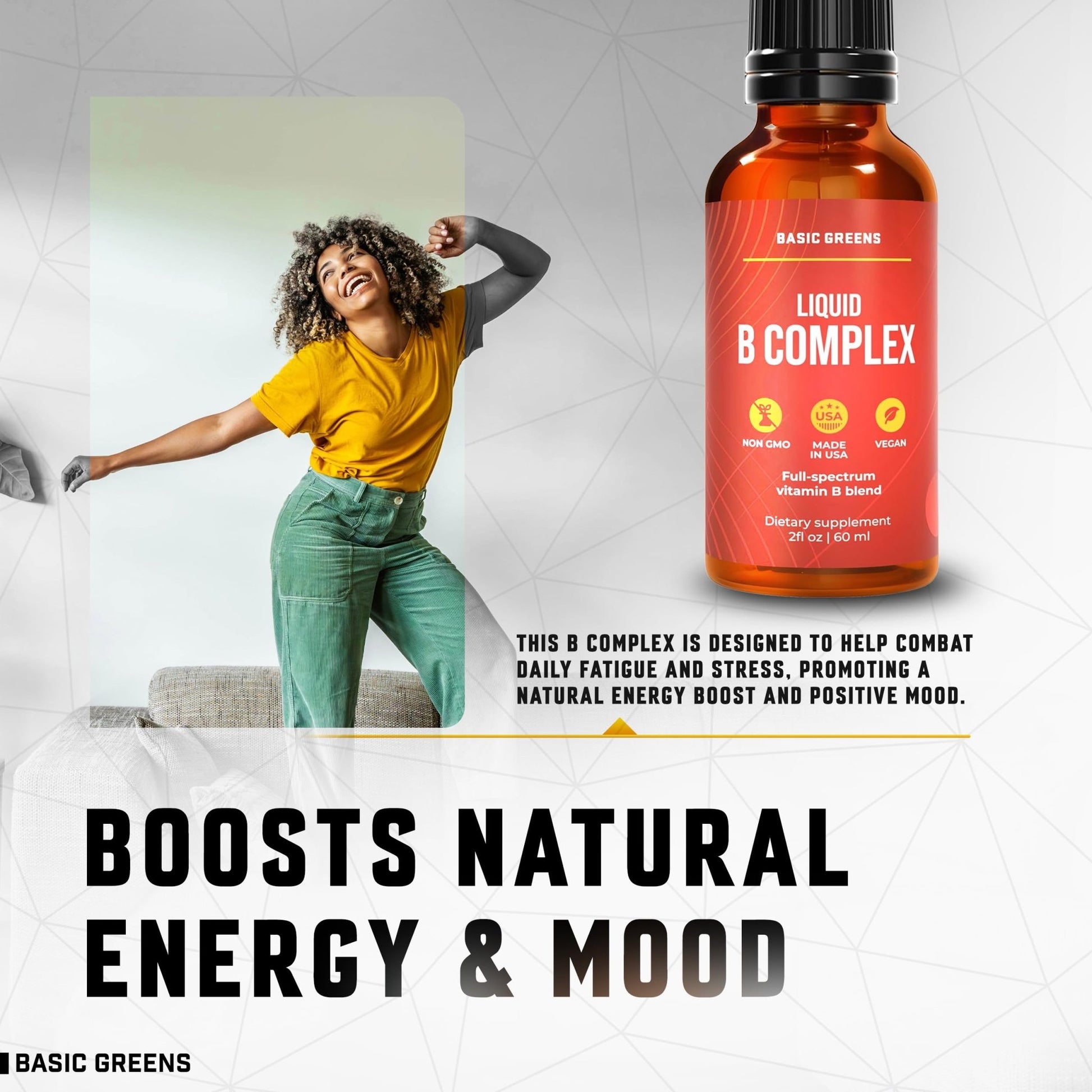 BASIC GREENS Vitamin B Complex Liquid Drops - Strength Sublingual Formula, Maximizes Absorption & Boosts Energy - B1, B2, B3, B5, B6, B7, B9, B12 - Natural Vegan Supplement - dailyvitalstore