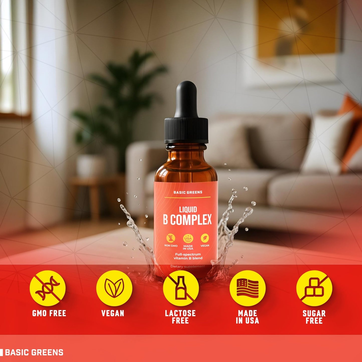 BASIC GREENS Vitamin B Complex Liquid Drops - Strength Sublingual Formula, Maximizes Absorption & Boosts Energy - B1, B2, B3, B5, B6, B7, B9, B12 - Natural Vegan Supplement - dailyvitalstore