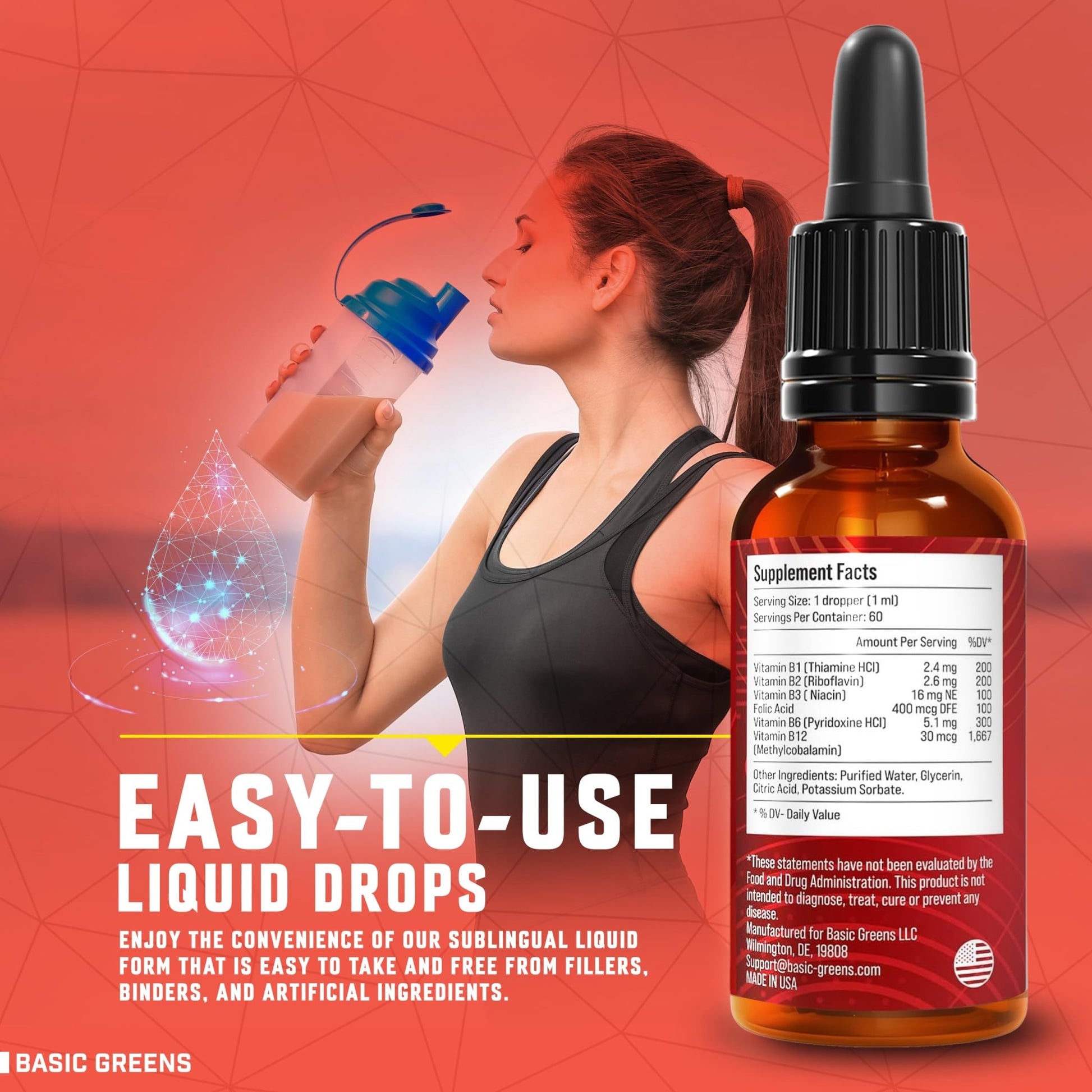 BASIC GREENS Vitamin B Complex Liquid Drops - Strength Sublingual Formula, Maximizes Absorption & Boosts Energy - B1, B2, B3, B5, B6, B7, B9, B12 - Natural Vegan Supplement - dailyvitalstore
