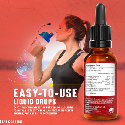 BASIC GREENS Vitamin B Complex Liquid Drops - Strength Sublingual Formula, Maximizes Absorption & Boosts Energy - B1, B2, B3, B5, B6, B7, B9, B12 - Natural Vegan Supplement - dailyvitalstore