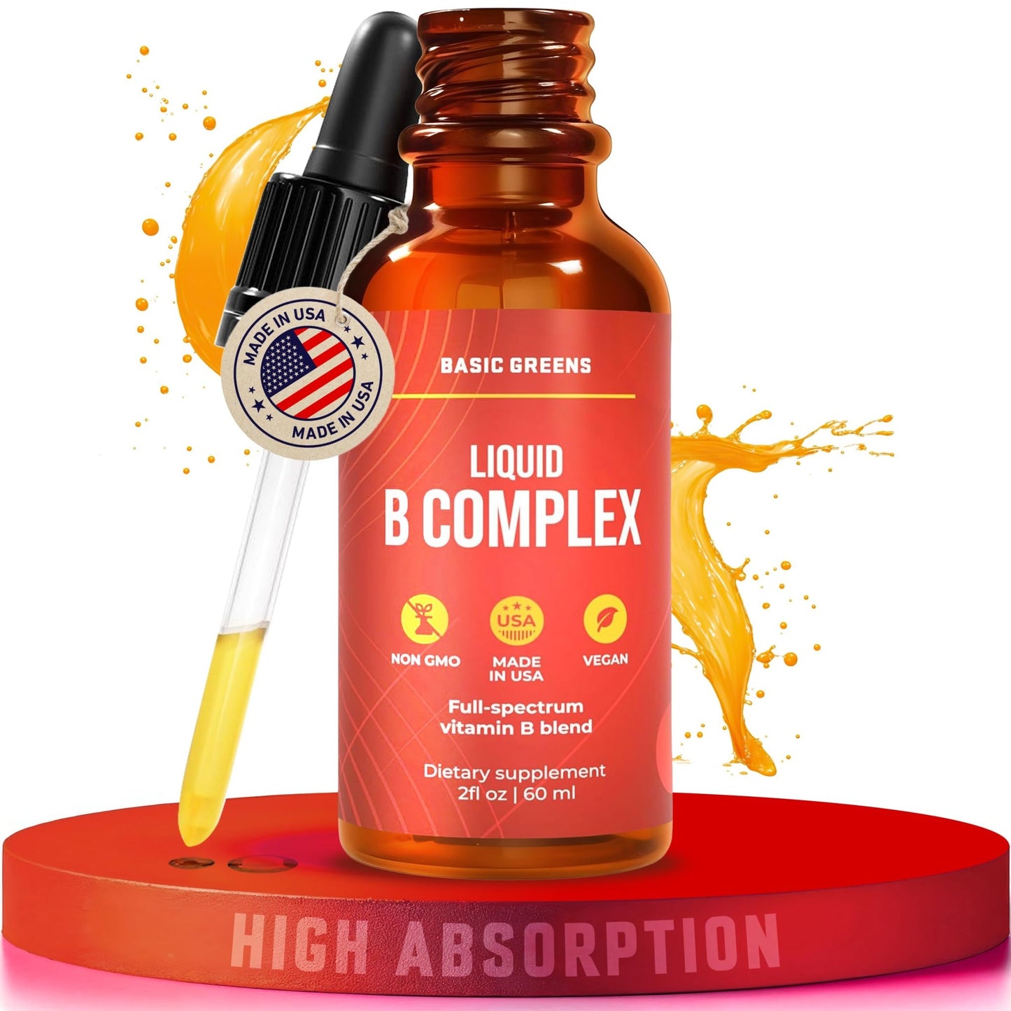 BASIC GREENS Vitamin B Complex Liquid Drops - Strength Sublingual Formula, Maximizes Absorption & Boosts Energy - B1, B2, B3, B5, B6, B7, B9, B12 - Natural Vegan Supplement - dailyvitalstore