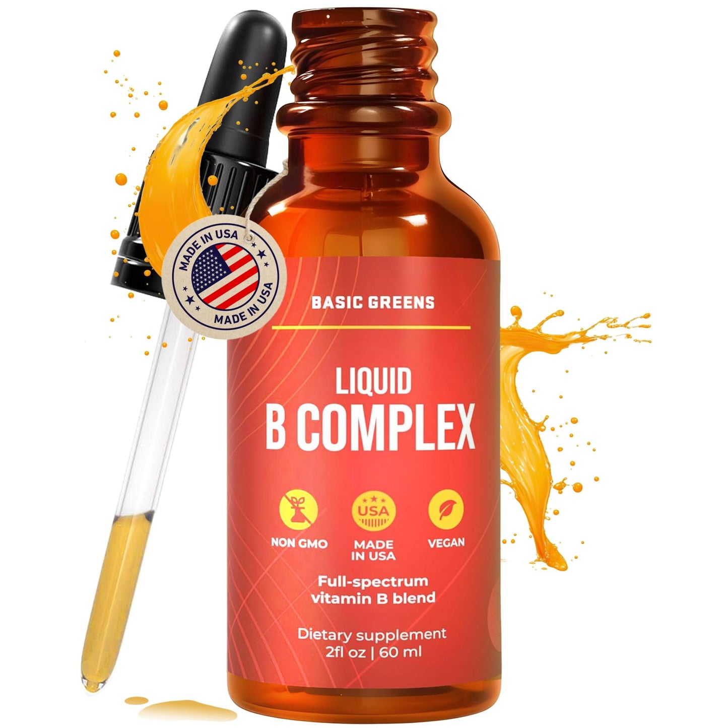 BASIC GREENS Vitamin B Complex Liquid Drops - Strength Sublingual Formula, Maximizes Absorption & Boosts Energy - B1, B2, B3, B5, B6, B7, B9, B12 - Natural Vegan Supplement - dailyvitalstore