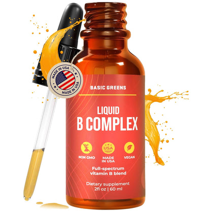 BASIC GREENS Vitamin B Complex Liquid Drops - Strength Sublingual Formula, Maximizes Absorption & Boosts Energy - B1, B2, B3, B5, B6, B7, B9, B12 - Natural Vegan Supplement - dailyvitalstore