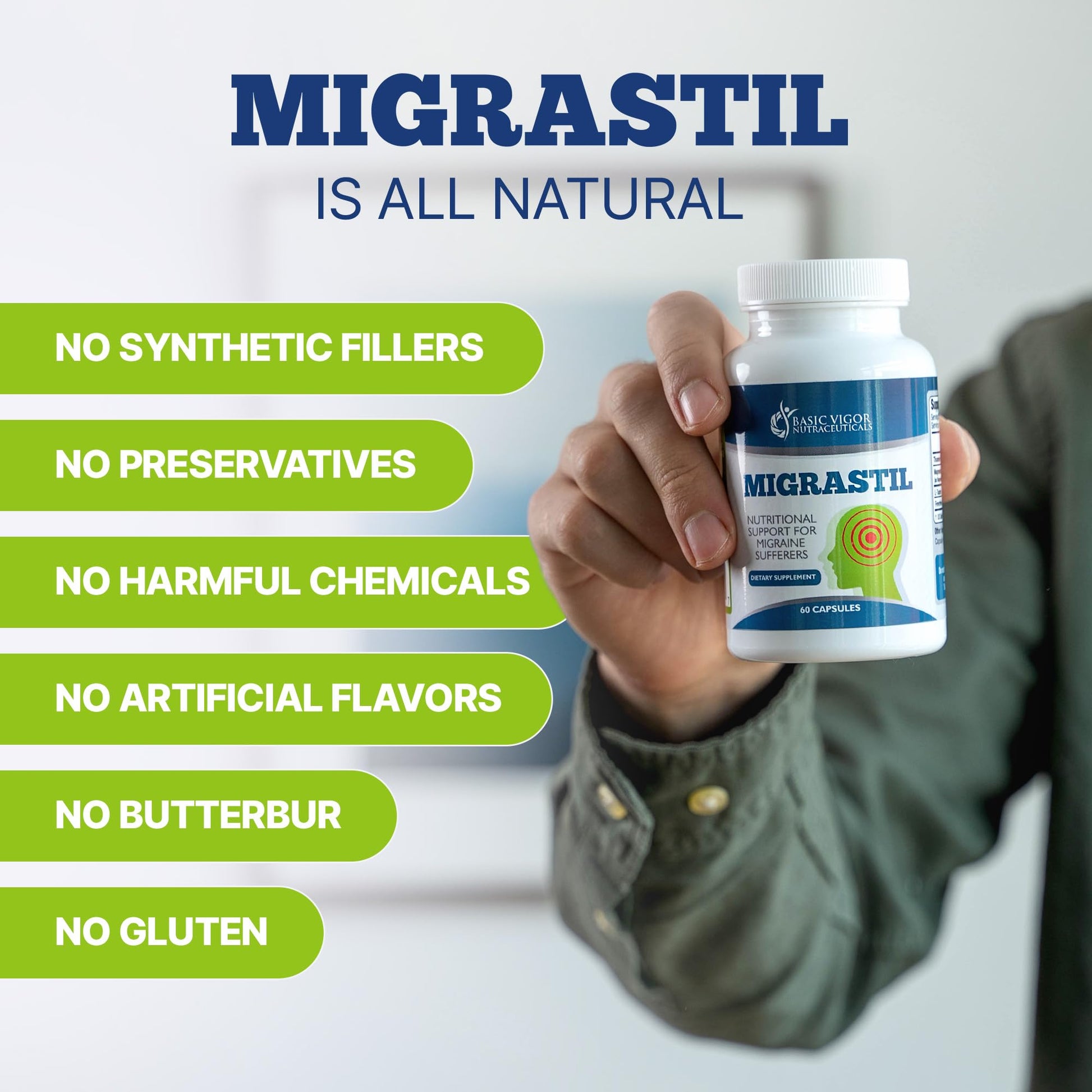 Basic Vigor Migrastil Migraine Support Capsules. Feverfew, Magnesium, Taurine & Vitamin B1 for Migraines Natural Supplement. Made in The USA. Vegan and Gluten Free. - dailyvitalstore