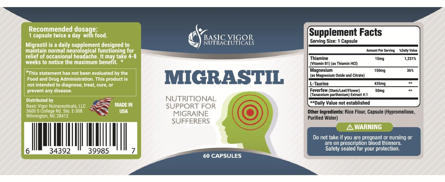 Basic Vigor Migrastil Migraine Support Capsules. Feverfew, Magnesium, Taurine & Vitamin B1 for Migraines Natural Supplement. Made in The USA. Vegan and Gluten Free. - dailyvitalstore