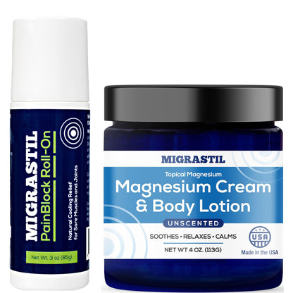 Basic Vigor Migrastil PainBlock Roll-On & Unscented Topical Magnesium Cream Bundle. Made in The USA. - dailyvitalstore