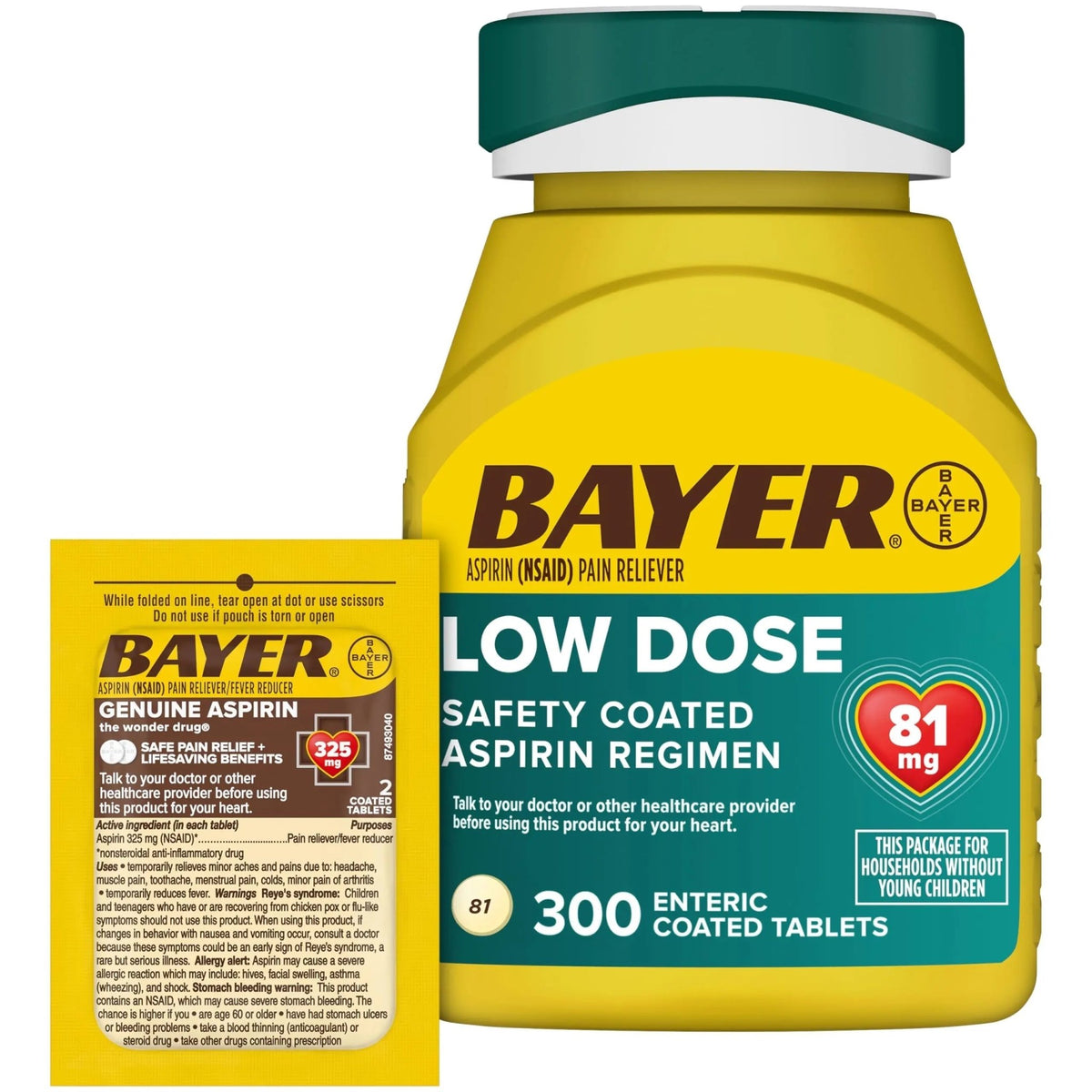Bayer Aspirin 81mg Enteric Coated Tablets 300ct and 2 Count Travel Pack of Genuine Aspirin 325mg Coated Tablets - dailyvitalstore