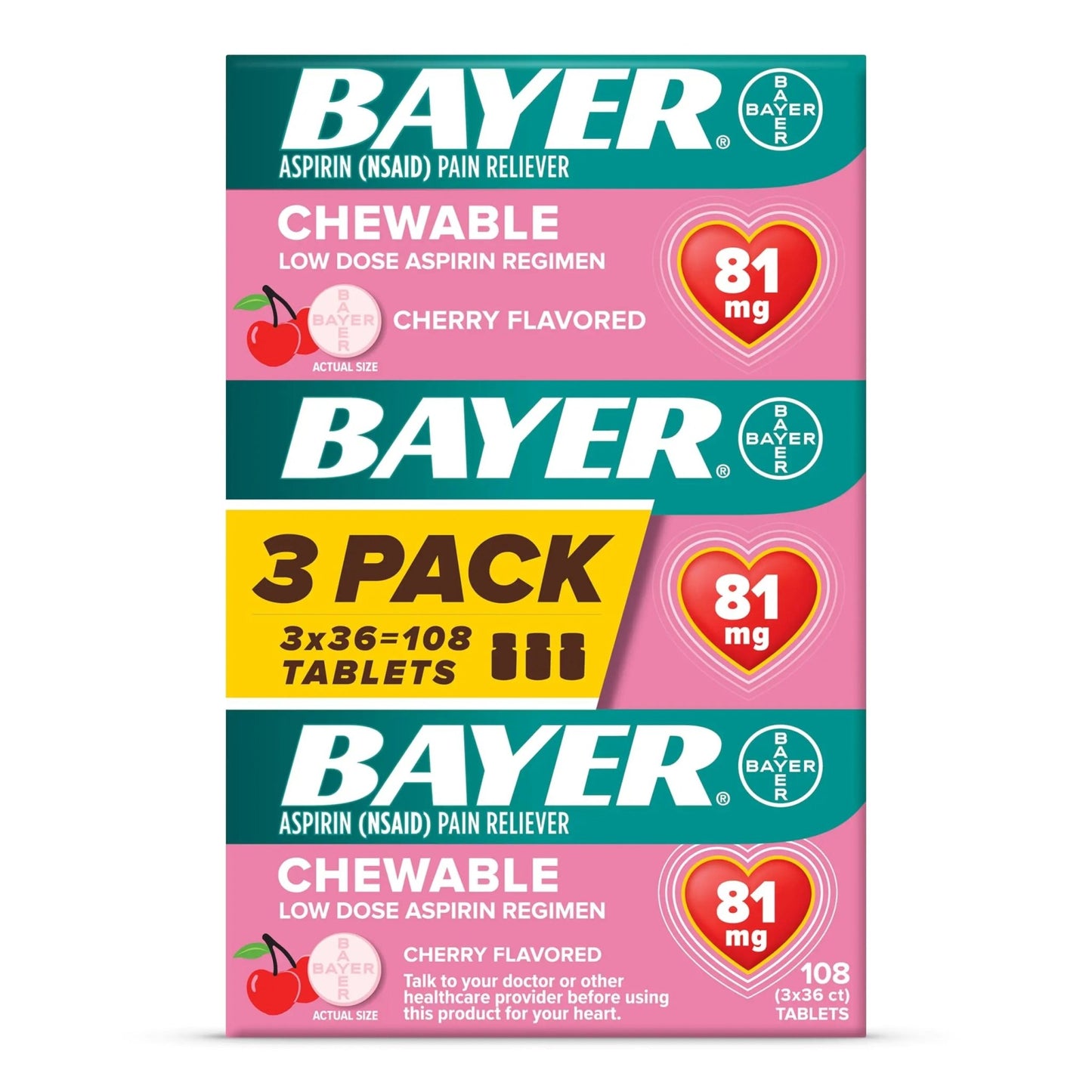 Bayer Aspirin Low Dose 81 mg Chewable Tablets, Pain Reliever, Cherry Flavored, 108 Tablets (36 Pack of 3) - dailyvitalstore