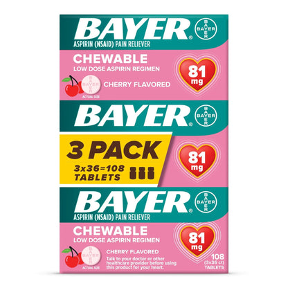 Bayer Aspirin Low Dose 81 mg Chewable Tablets, Pain Reliever, Cherry Flavored, 108 Tablets (36 Pack of 3) - dailyvitalstore
