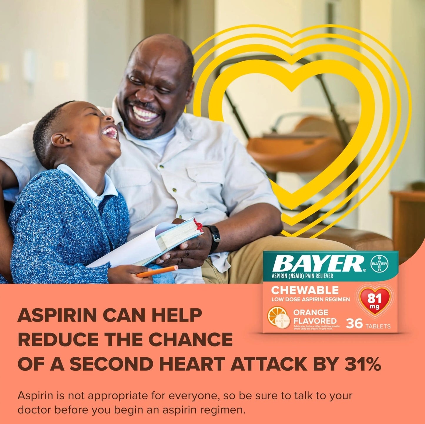 Bayer Aspirin Low Dose 81 mg Chewable Tablets, Pain Reliever, Orange Flavored, 216 Tablets (6 Pack) - dailyvitalstore