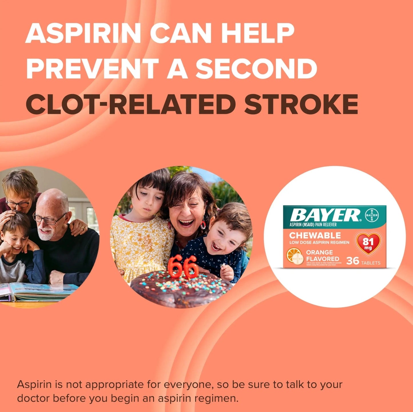 Bayer Aspirin Low Dose 81 mg Chewable Tablets, Pain Reliever, Orange Flavored, 216 Tablets (6 Pack) - dailyvitalstore