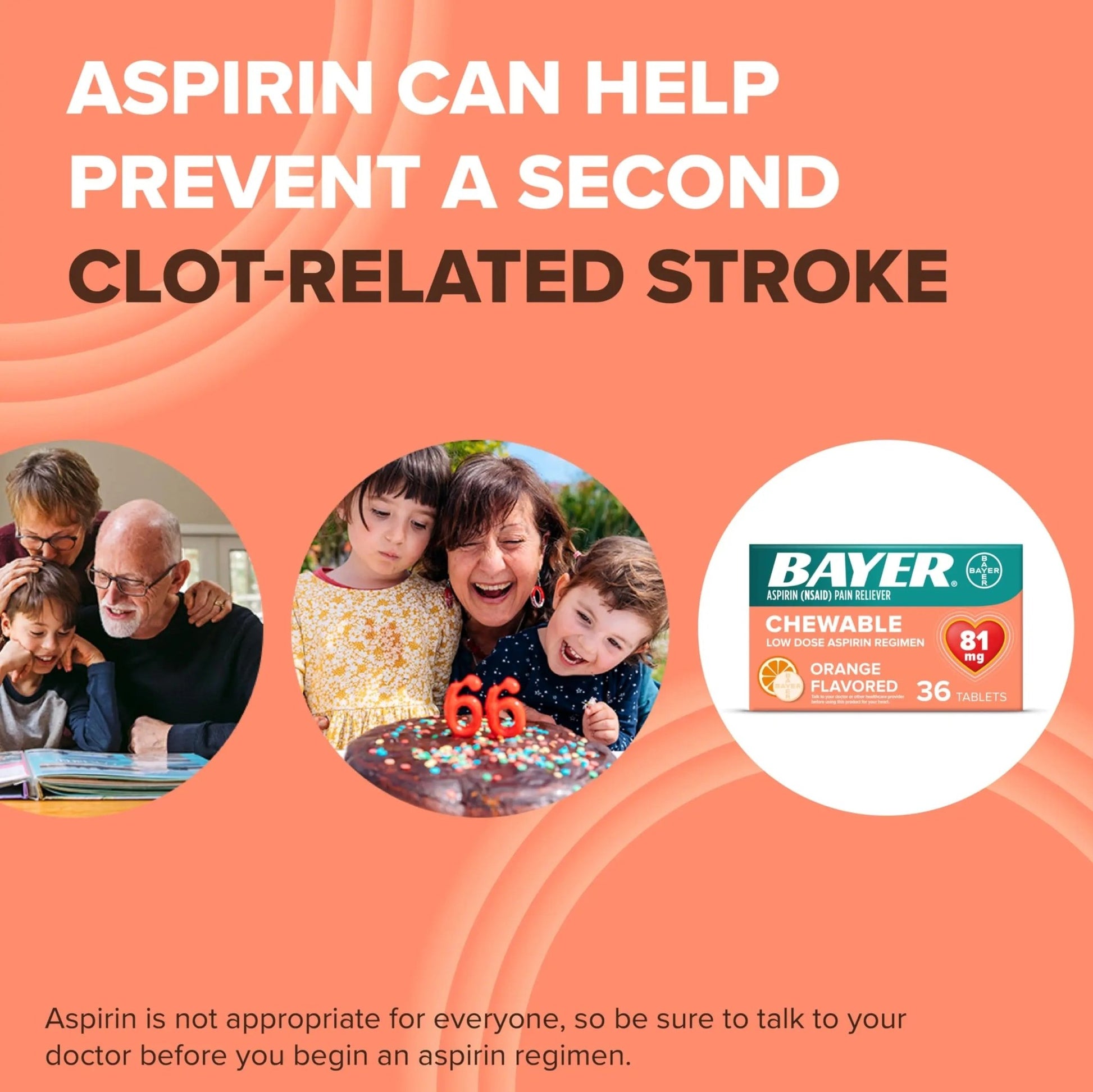 Bayer Aspirin Low Dose 81 mg Chewable Tablets, Pain Reliever, Orange Flavored, 216 Tablets (6 Pack) - dailyvitalstore