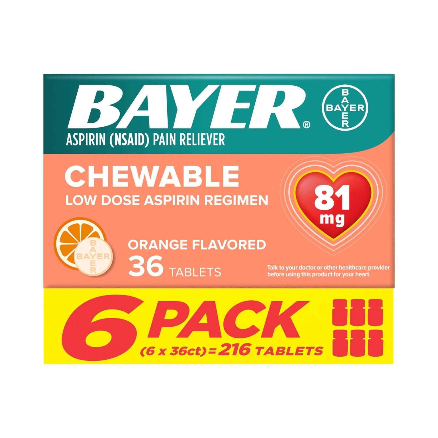 Bayer Aspirin Low Dose 81 mg Chewable Tablets, Pain Reliever, Orange Flavored, 216 Tablets (6 Pack) - dailyvitalstore