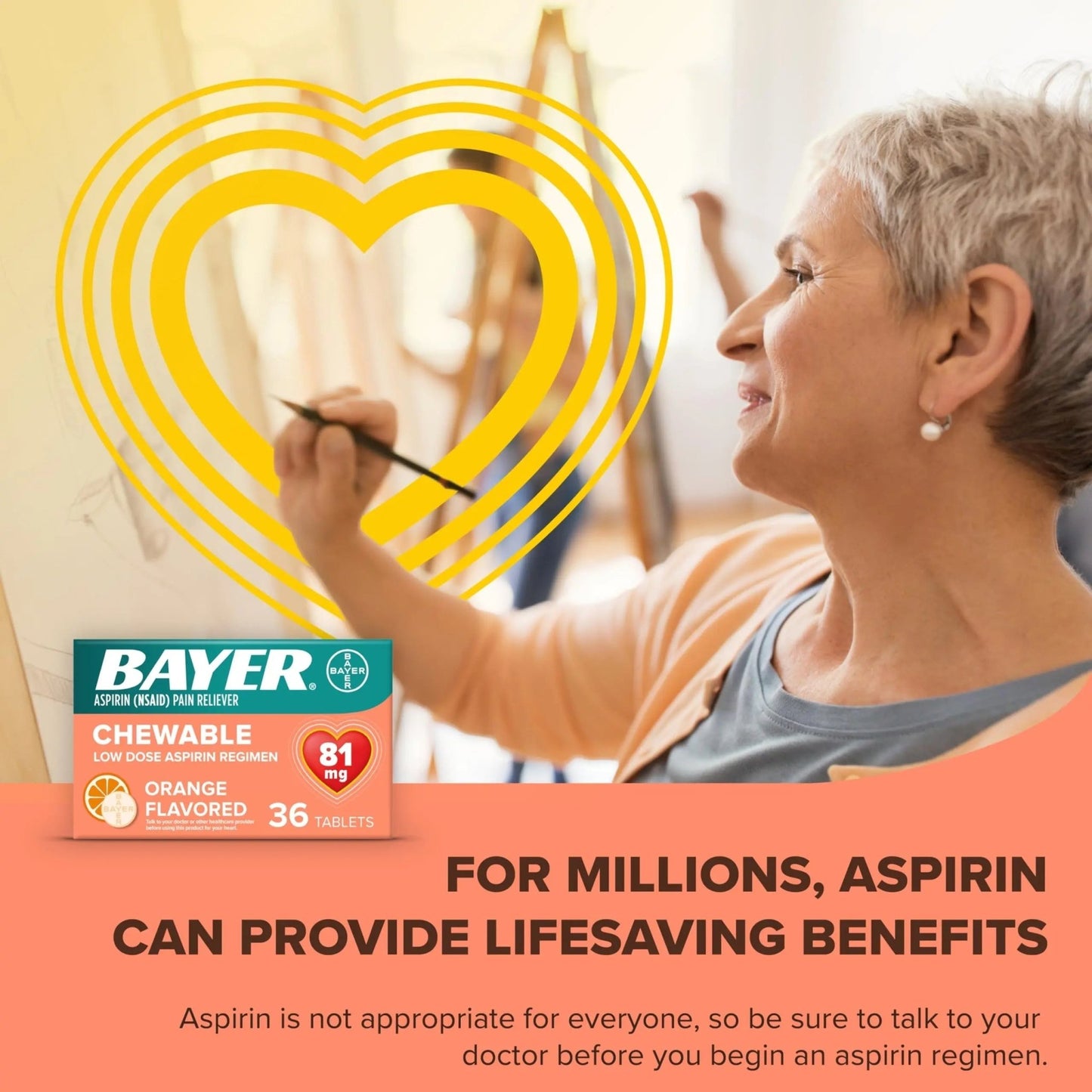 Bayer Aspirin Low Dose 81 mg Chewable Tablets, Pain Reliever, Orange Flavored, 216 Tablets (6 Pack) - dailyvitalstore