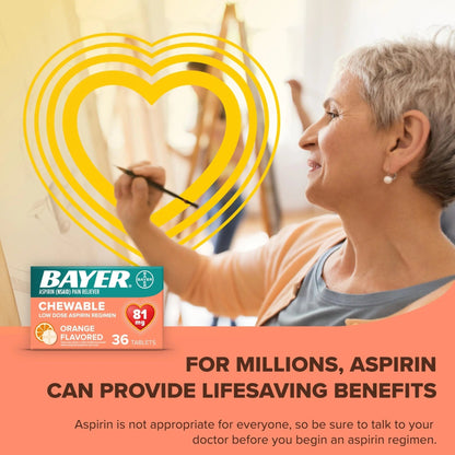 Bayer Aspirin Low Dose 81 mg Chewable Tablets, Pain Reliever, Orange Flavored, 216 Tablets (6 Pack) - dailyvitalstore