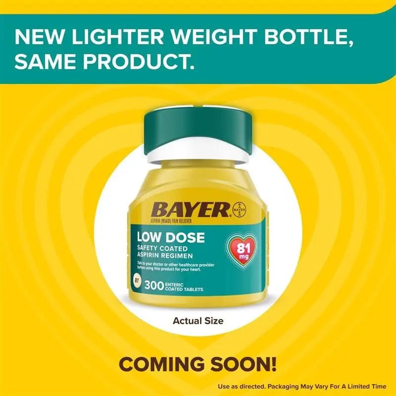 Bayer Aspirin Low Dose 81 mg, Enteric Coated Tablets, Doctor Recommended, Secondary Prevention of Cardiovascular Disease, 300 Safety Coated Tablets (Packaging may vary) - dailyvitalstore