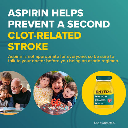 Bayer Aspirin Low Dose 81 mg, Enteric Coated Tablets, Doctor Recommended, Secondary Prevention of Cardiovascular Disease, 300 Safety Coated Tablets (Packaging may vary) - dailyvitalstore