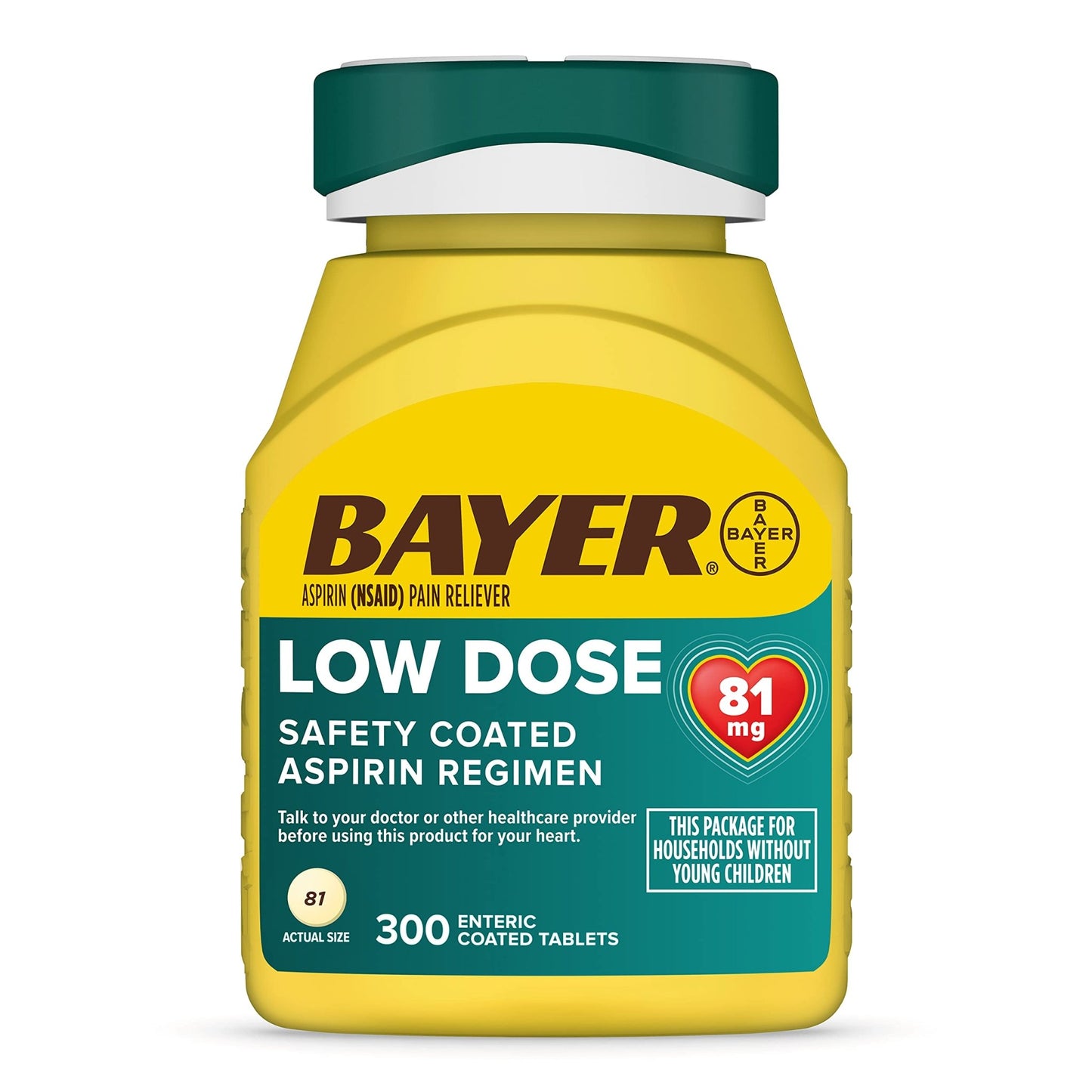 Bayer Aspirin Low Dose 81 mg, Enteric Coated Tablets, Doctor Recommended, Secondary Prevention of Cardiovascular Disease, 300 Safety Coated Tablets (Packaging may vary) - dailyvitalstore