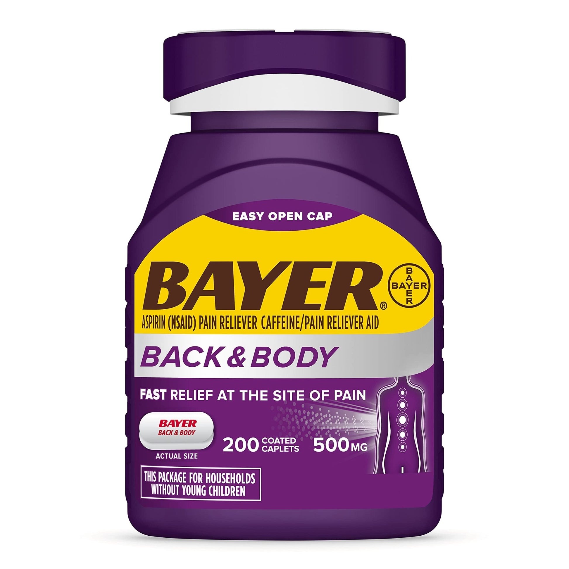 Bayer Back & Body 500mg Aspirin Plus Caffeine for Powerful Pain Relief, 200 Coated Caplets - dailyvitalstore
