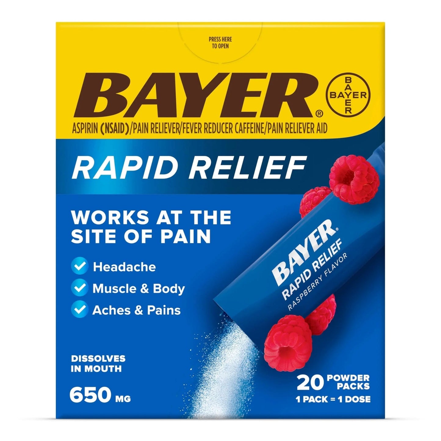 Bayer® Rapid Relief, Dissolvable Raspberry Flavor, Powder Packs with Aspirin & Caffeine, Fast Acting Headache Relief, Muscle and Body Pain Reliever, 20ct - dailyvitalstore