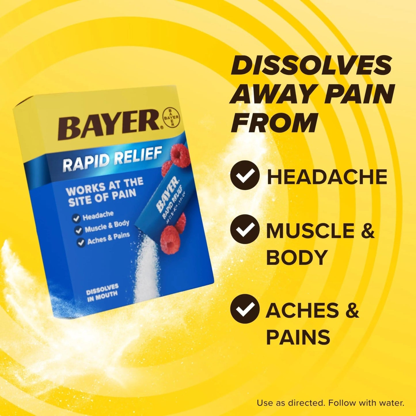 Bayer® Rapid Relief, Dissolvable Raspberry Flavor, Powder Packs with Aspirin & Caffeine, Fast Acting Headache Relief, Muscle and Body Pain Reliever, 20ct - dailyvitalstore