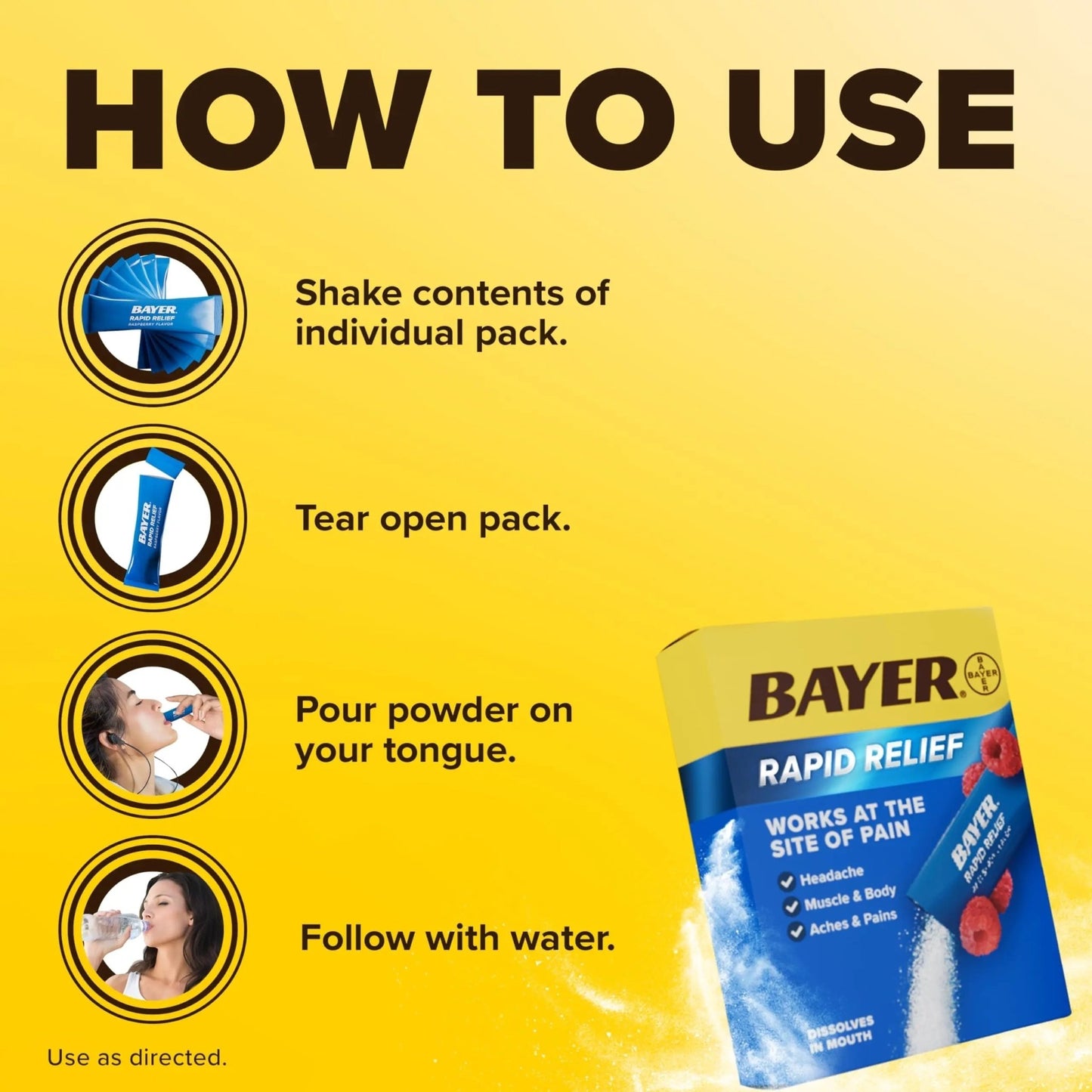 Bayer® Rapid Relief, Dissolvable Raspberry Flavor, Powder Packs with Aspirin & Caffeine, Fast Acting Headache Relief, Muscle and Body Pain Reliever, 20ct - dailyvitalstore