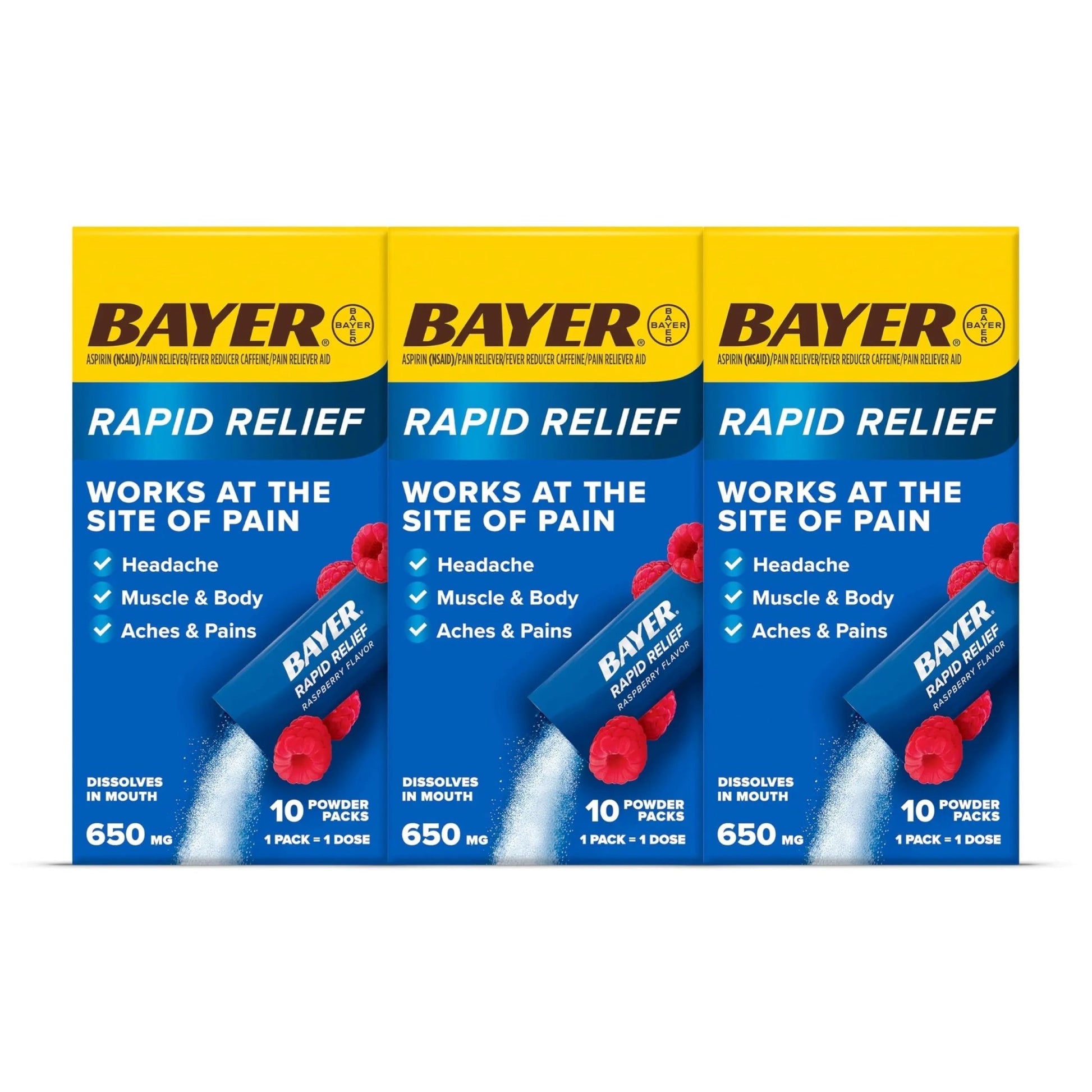 Bayer® Rapid Relief, Dissolvable Raspberry Flavor, Powder Packs with Aspirin & Caffeine, Fast Acting Headache Relief, Muscle and Body Pain Reliever, 30ct - dailyvitalstore