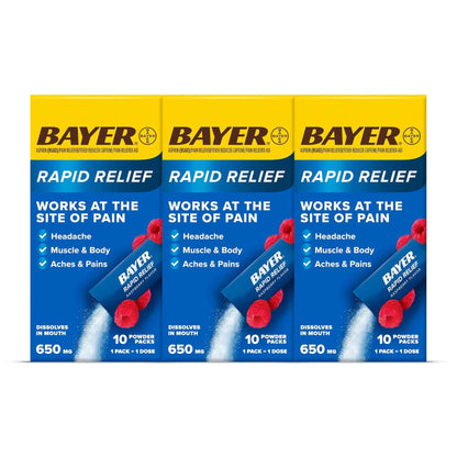 Bayer® Rapid Relief, Dissolvable Raspberry Flavor, Powder Packs with Aspirin & Caffeine, Fast Acting Headache Relief, Muscle and Body Pain Reliever, 30ct - dailyvitalstore