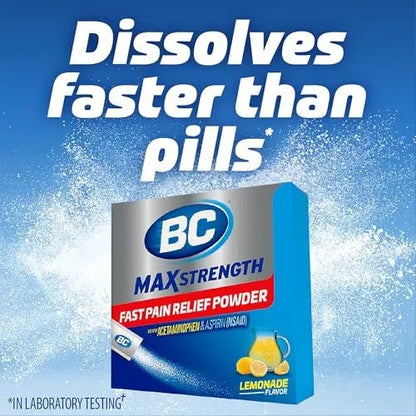 BC Max Strength Headache Relief Powder, Triple-Action Formula with Acetaminophen, Aspirin & Caffeine Eases Aches & Pains, Lemonade Flavor, 16 Count - dailyvitalstore