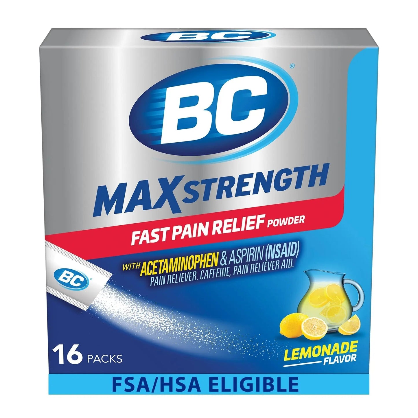 BC Max Strength Headache Relief Powder, Triple-Action Formula with Acetaminophen, Aspirin & Caffeine Eases Aches & Pains, Lemonade Flavor, 16 Count - dailyvitalstore