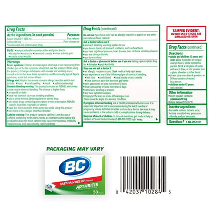 BC Powder Arthritis Pain Reliever, Aspirin Dissolve Packs, 50 Count Powder Packets - dailyvitalstore