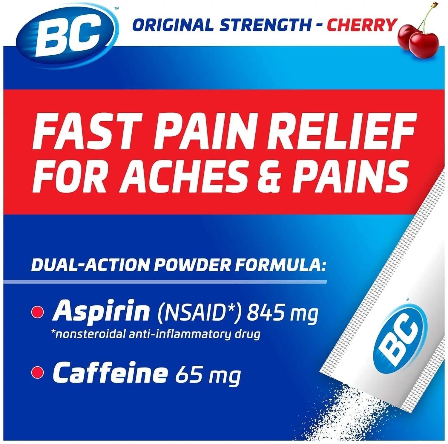 BC Powder Pain Reliever, Cherry Flavor Aspirin Dissolve Packs, 24 Count Powder Packets (6 Pack) - dailyvitalstore