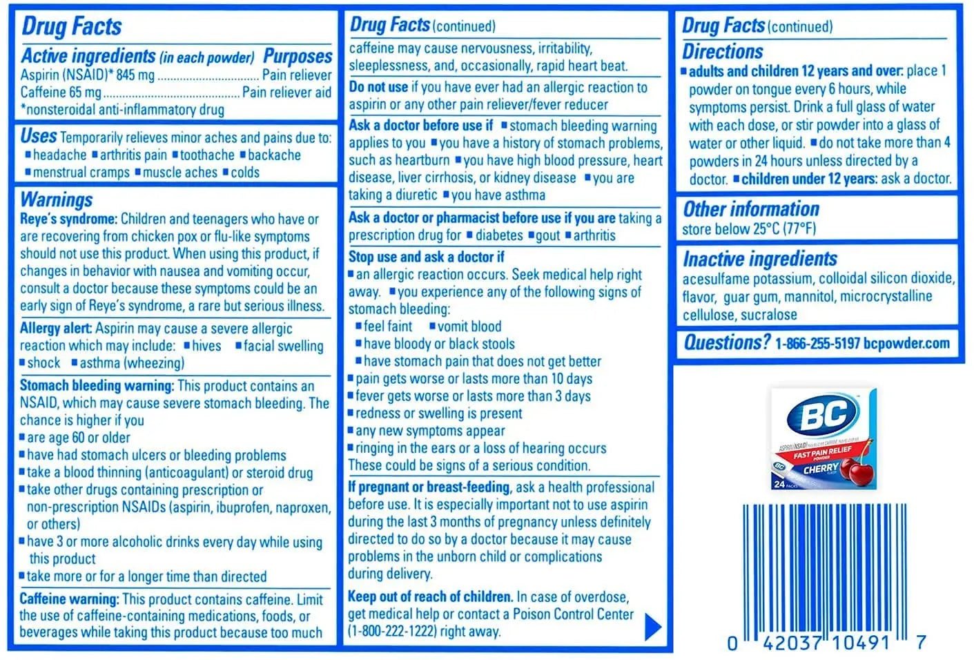 BC Powder Pain Reliever, Cherry Flavor Aspirin Dissolve Packs, 24 Count Powder Packets (6 Pack) - dailyvitalstore
