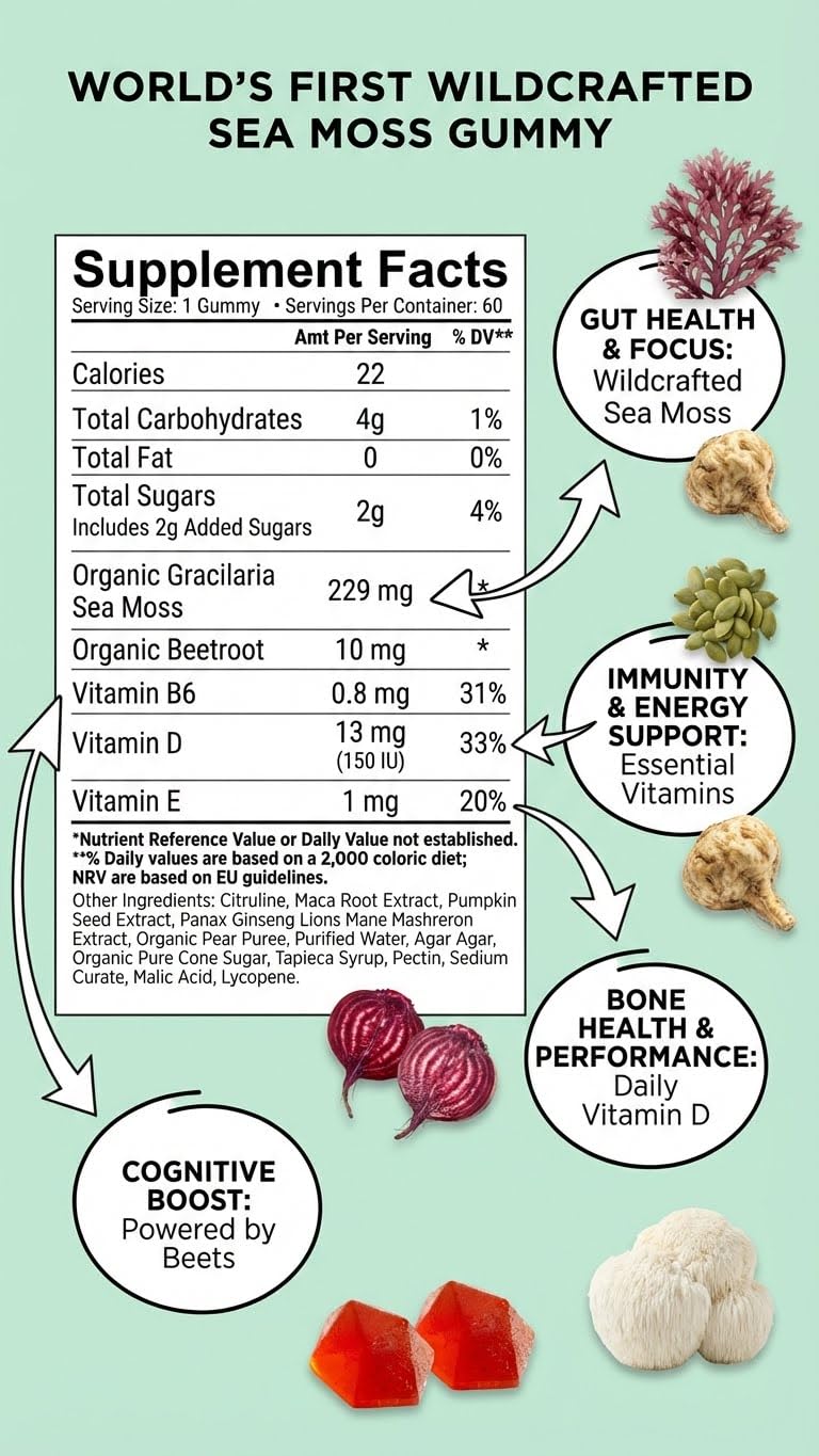 BDE Wildcrafted Sea Moss Gummy Maca Root, Beets, Lions Mane Mushroom, Vitamin D + E - Vegan Collagen, Zinc - dailyvitalstore