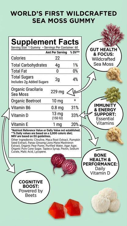 BDE Wildcrafted Sea Moss Gummy Maca Root, Beets, Lions Mane Mushroom, Vitamin D + E - Vegan Collagen, Zinc - dailyvitalstore