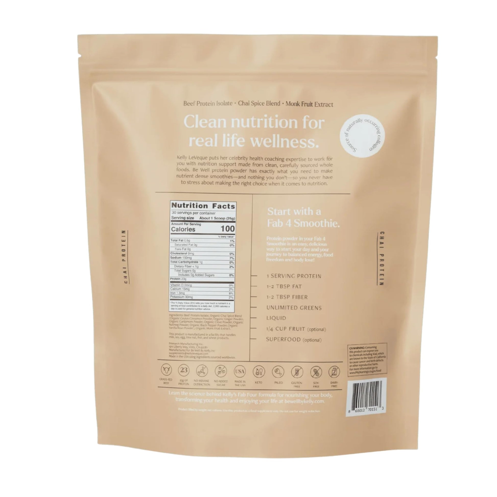 Be Well by Kelly Chai Grass-Fed Beef Protein Powder, 23G of Protein & 1G of Carbs (3 Ingredients, 30 Servings) 9 Amino Acids + 3 BCAAs No Soy, No Dairy, Stevia-Free, No Sugar Added 1.65lb 750g - dailyvitalstore