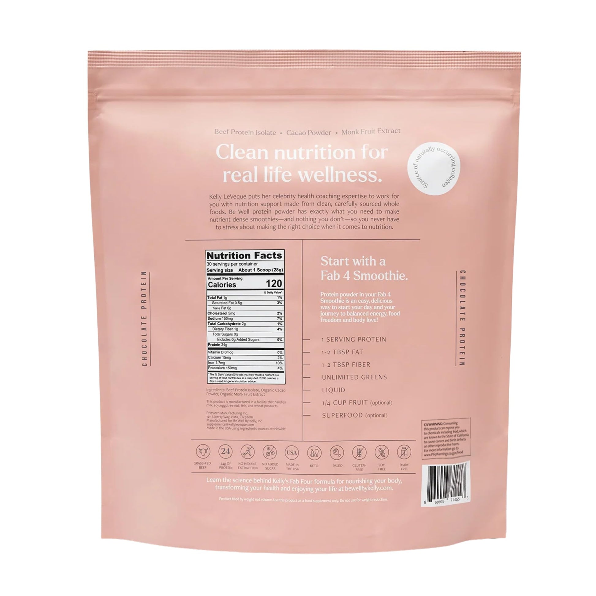 Be Well by Kelly Chocolate Grass-Fed Beef Protein Powder, 24G of Protein & 1G Net Carbs (3 Ingredients, 30 Servings) 9 Amino Acids + 3 BCAAs No Soy, No Dairy, Stevia-Free, No Sugar Added 1.87lb 849g - dailyvitalstore
